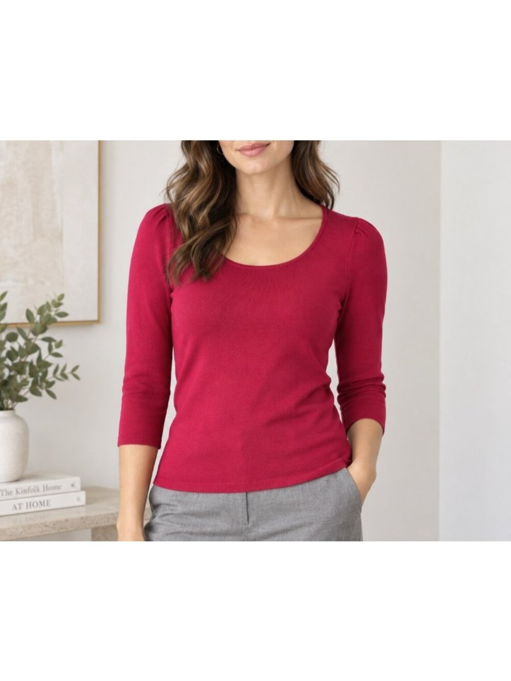 Ann Taylor Top Small Raspberry Pink 3/4 Sleeve Scoop Neck Knit Puff Shoulder